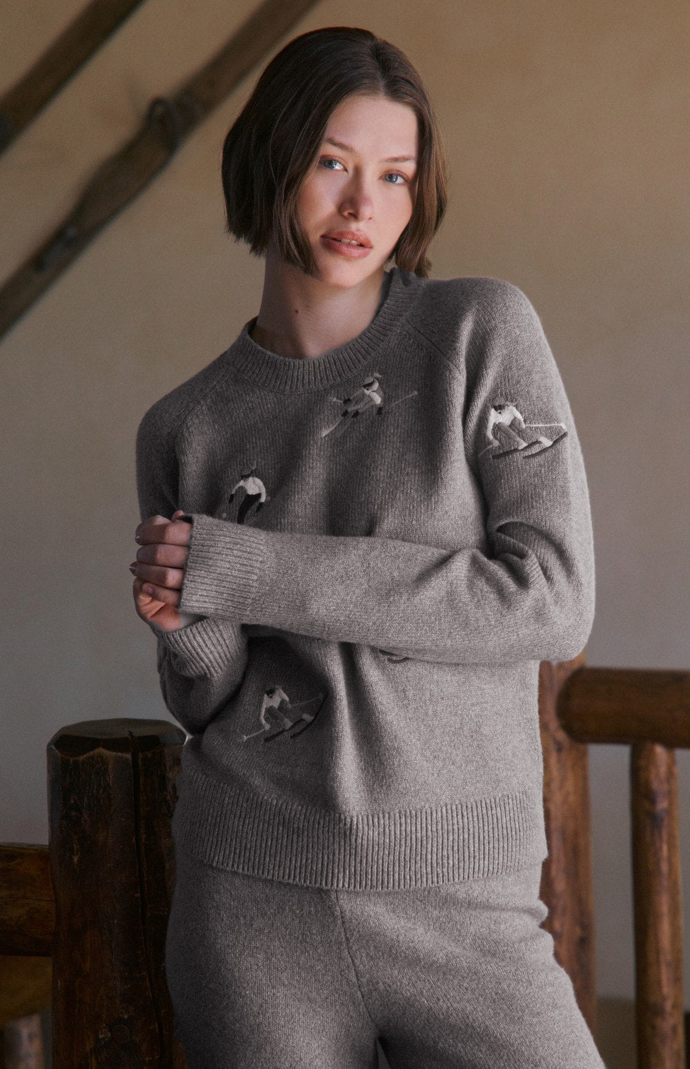 Alp N Rock Talia Sweater, taupe mock neck ski sweater with embroidered skiers for women
