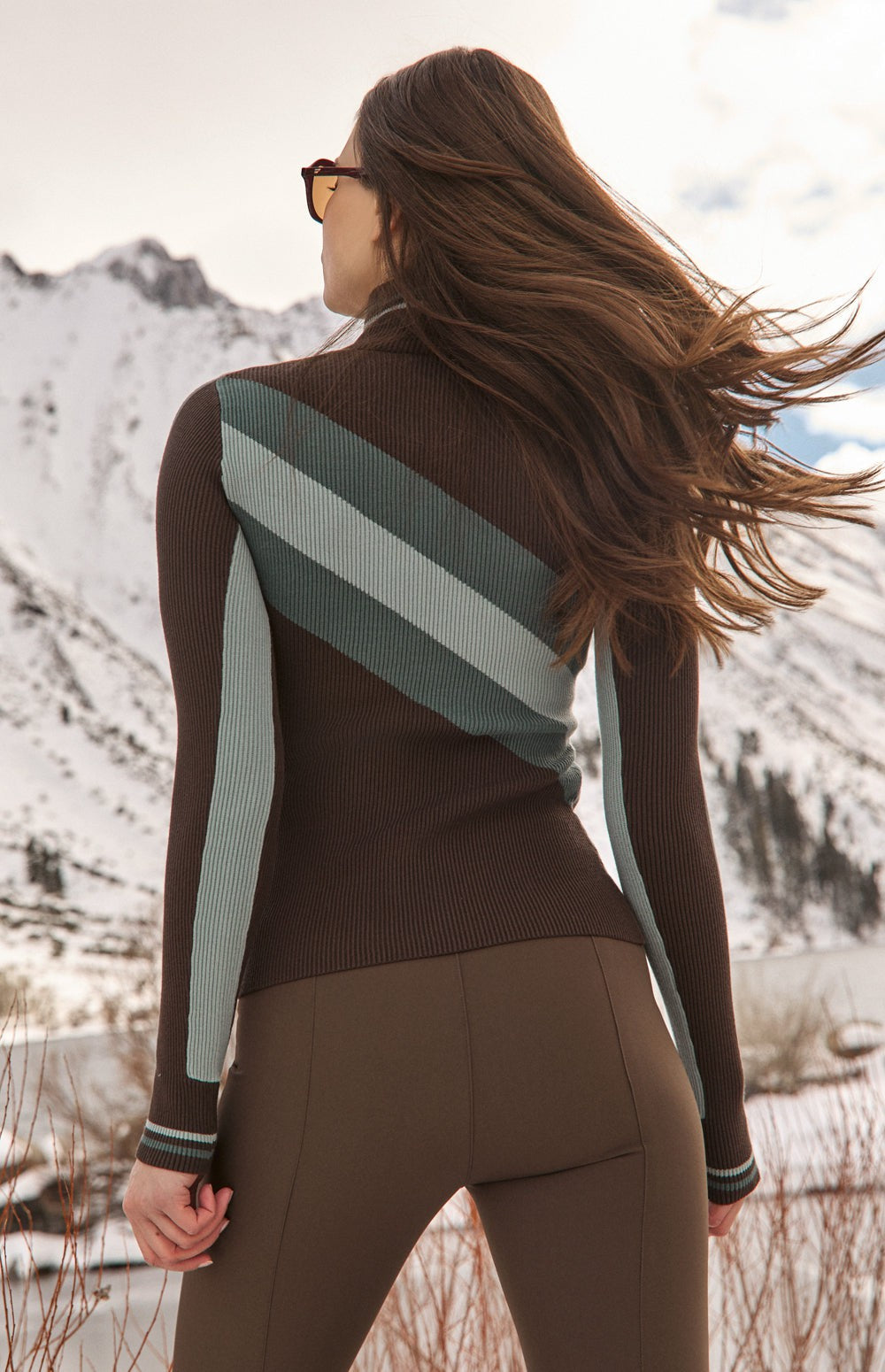 Alp N Rock Tanya Sweater, dark brown stripe ski sweater for women with half zip