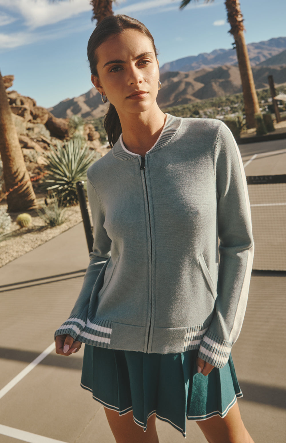 Alp N Rock Teagan Cardigan, silver blue zip front cardigan for women with sporty stripe and back applique