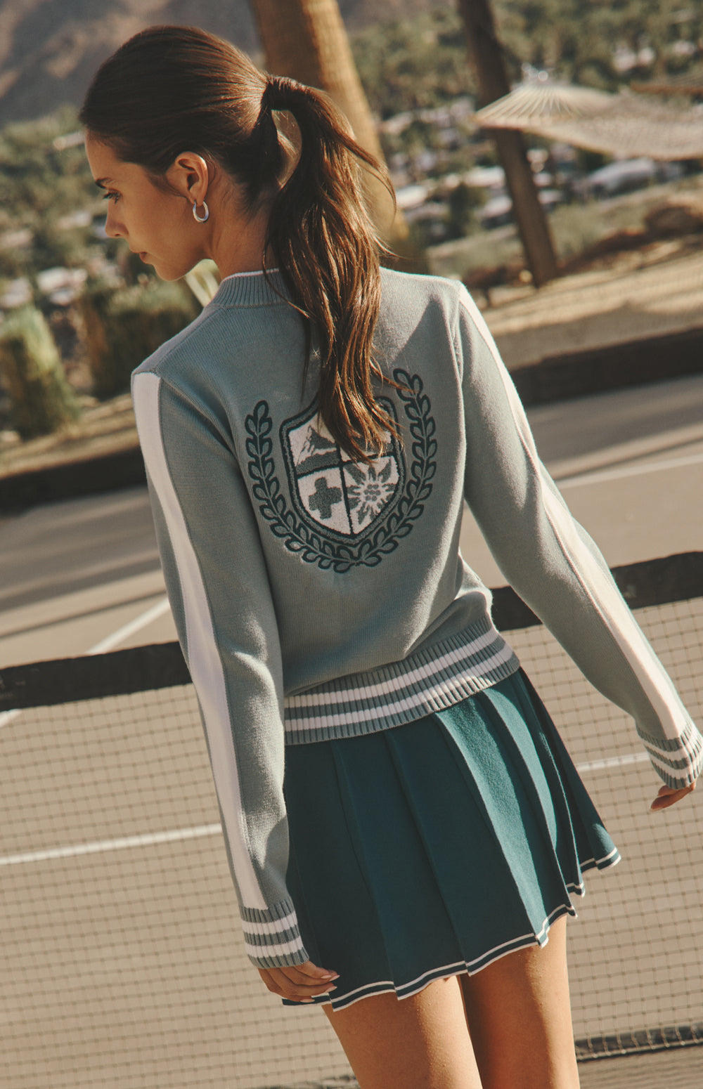 Alp N Rock Teagan Cardigan, silver blue zip front cardigan for women with sporty stripe and back applique