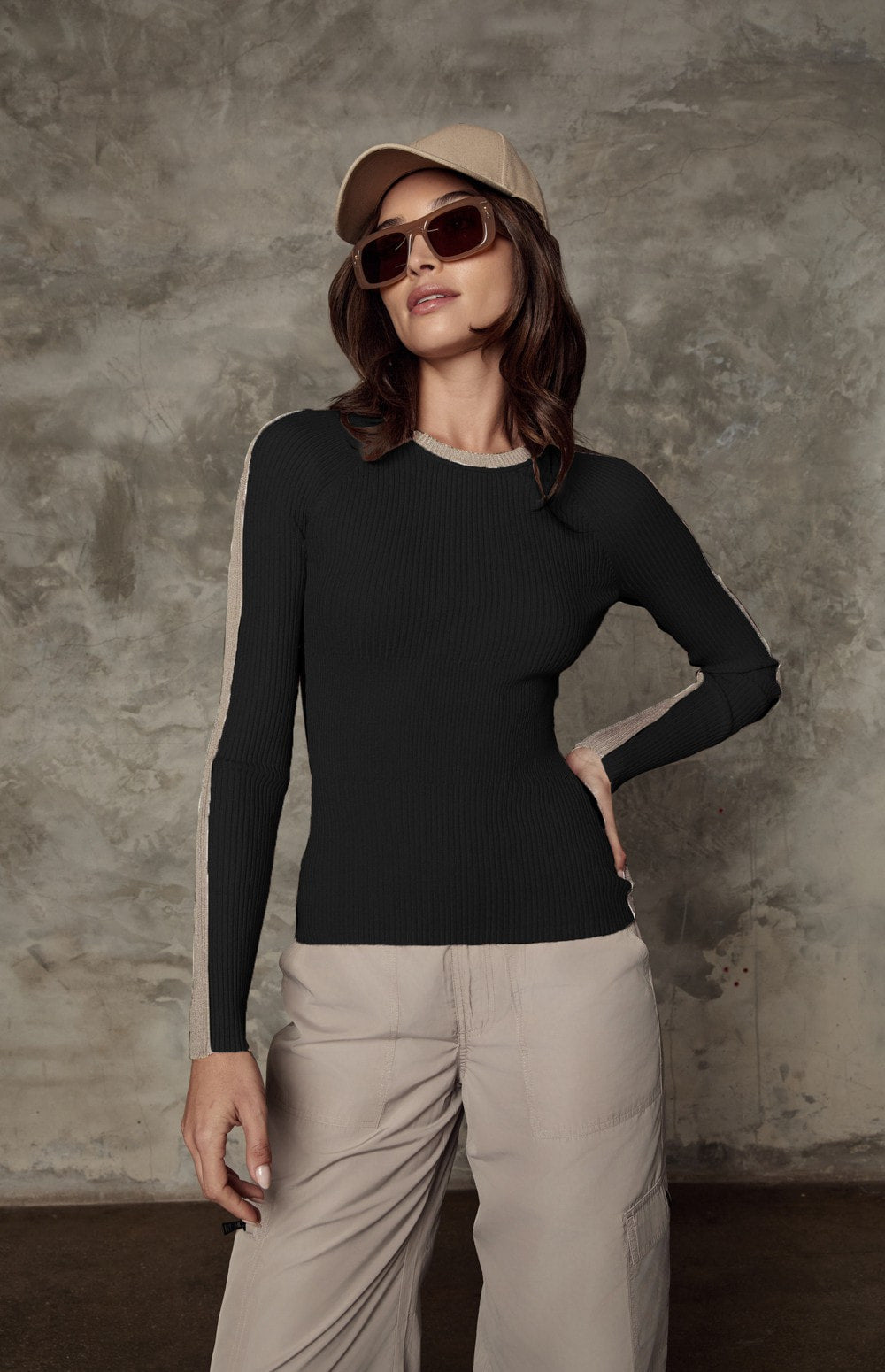 Alp N Rock Vera Sweater, black and beige crew neck colorblock sweater for women