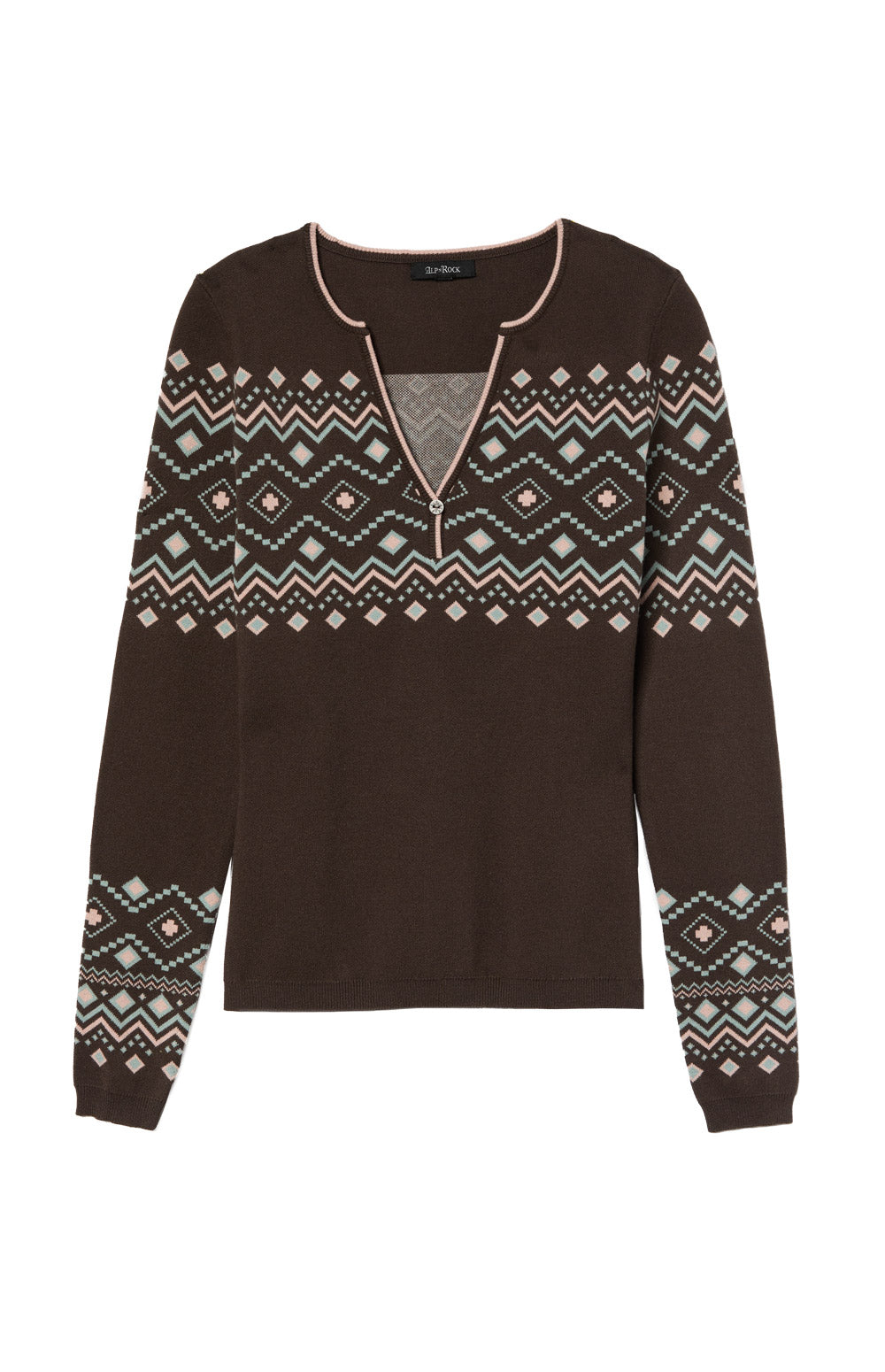 Alp N Rock Yvette Henley Sweater, brown henley sweater for women with Fair Isle pattern and button neckline