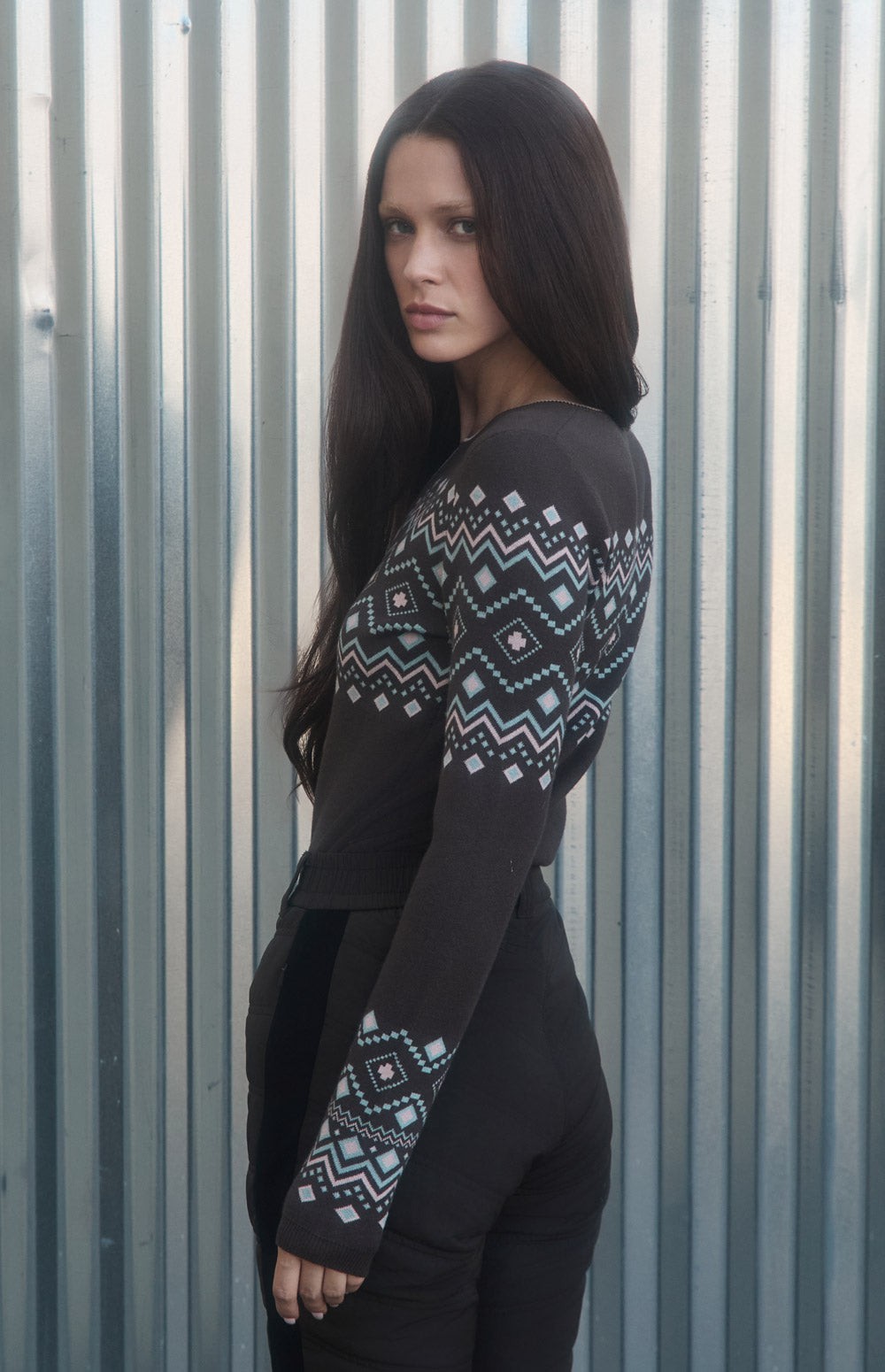 Alp N Rock Yvette Henley Sweater, brown henley sweater for women with Fair Isle pattern and button neckline