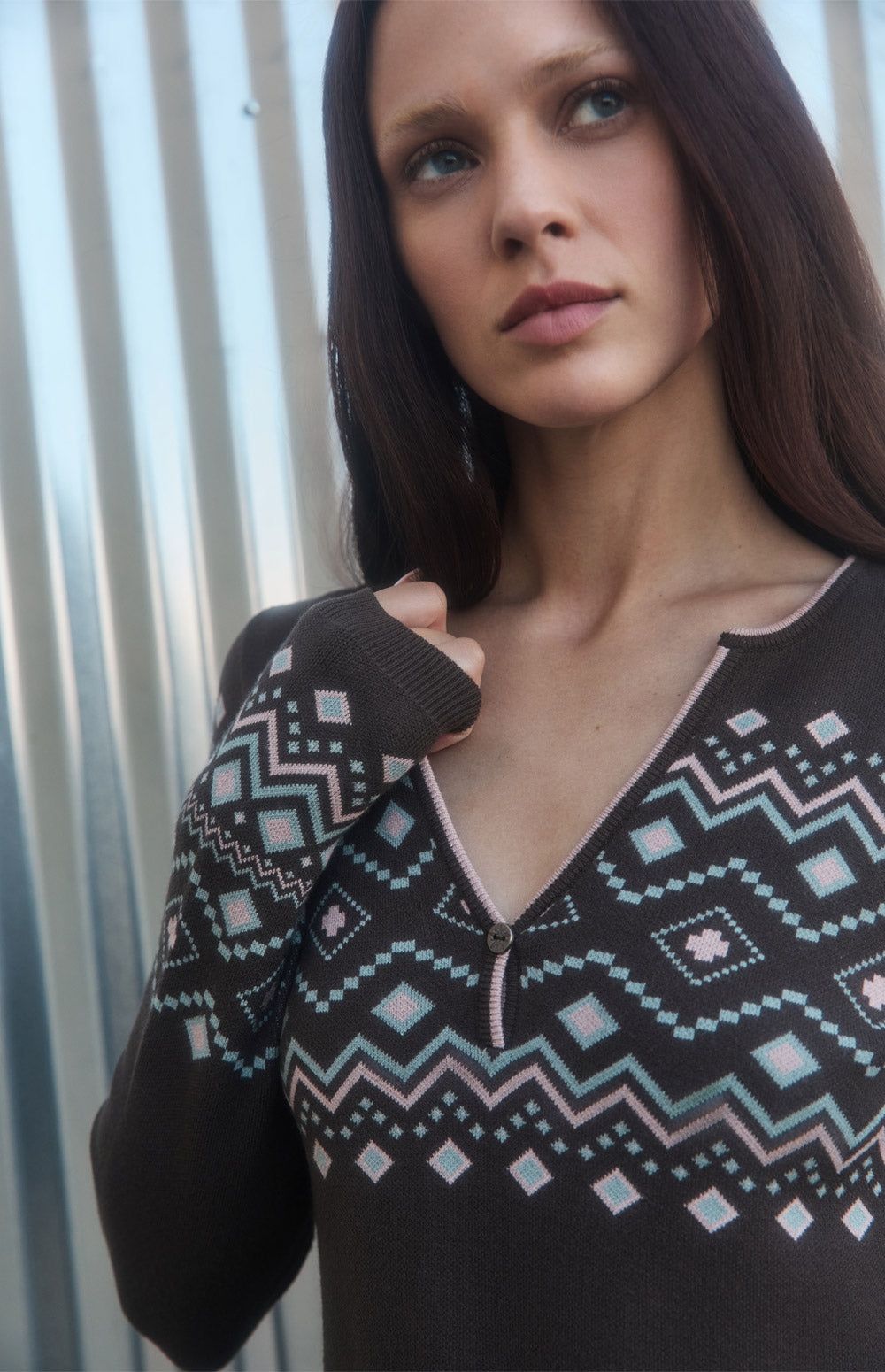Alp N Rock Yvette Henley Sweater, brown henley sweater for women with Fair Isle pattern and button neckline