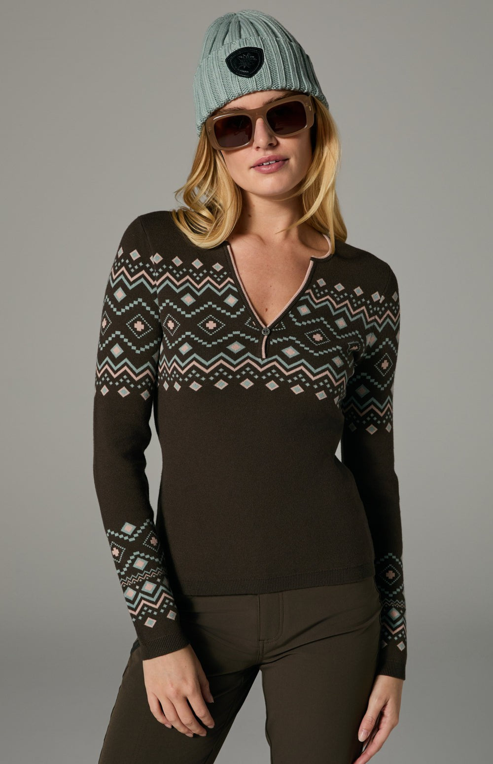 Alp N Rock Yvette Henley Sweater, brown henley sweater for women with Fair Isle pattern and button neckline
