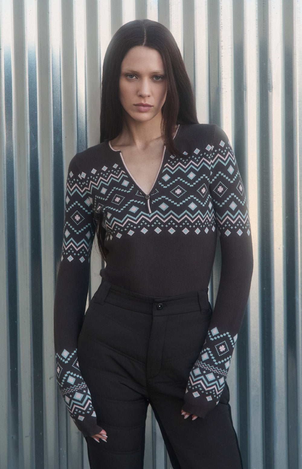Alp N Rock Yvette Henley Sweater, brown henley sweater for women with Fair Isle pattern and button neckline