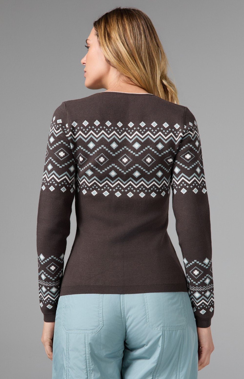 Alp N Rock Yvette Henley Sweater, brown henley sweater for women with Fair Isle pattern and button neckline