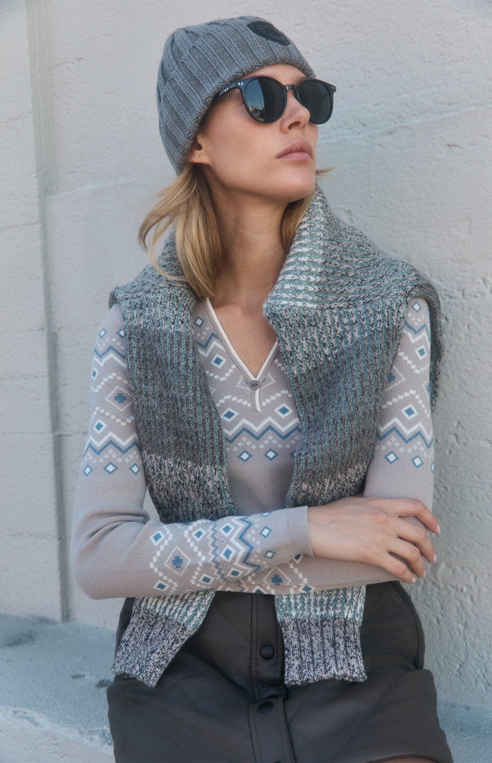 Alp N Rock Yvette Henley Sweater, beige henley sweater for women with Fair Isle pattern and button neckline