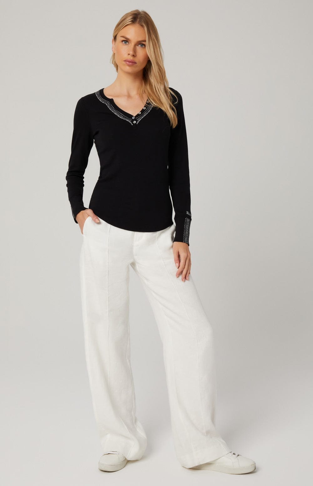 Alexa Henley Shirt by Alp N Rock, Women's Black Henley with Embroidery at the Neck and Sleeves