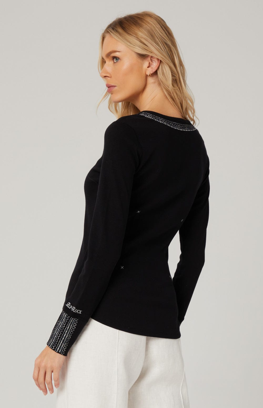 Alexa Henley Shirt by Alp N Rock, Women's Black Henley with Embroidery at the Neck and Sleeves