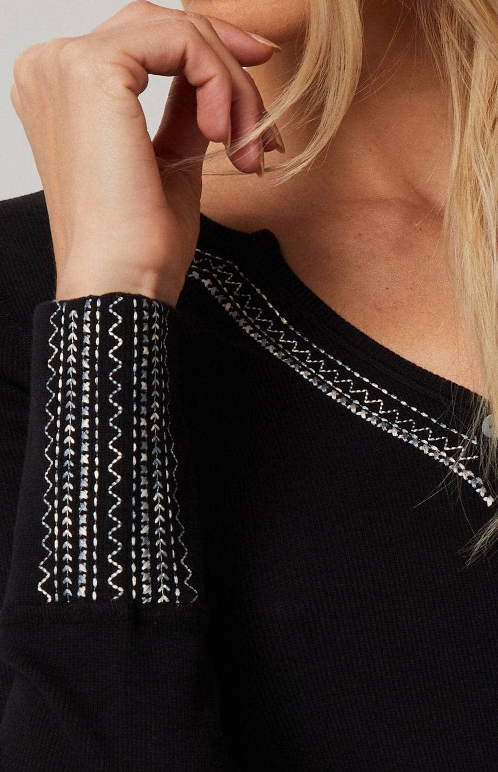 Alexa Henley Shirt by Alp N Rock, Women's Beige Henley with Embroidery at the Neck and Sleeves