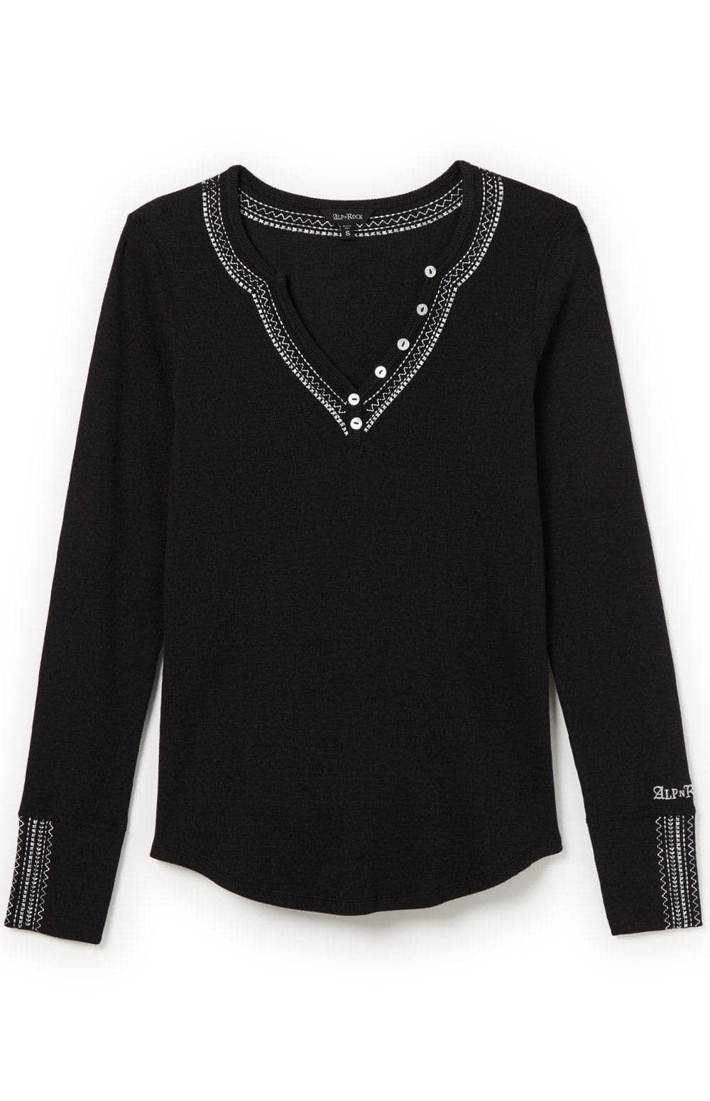 Alexa Henley Shirt by Alp N Rock, Women's Black Henley with Embroidery at the Neck and Sleeves