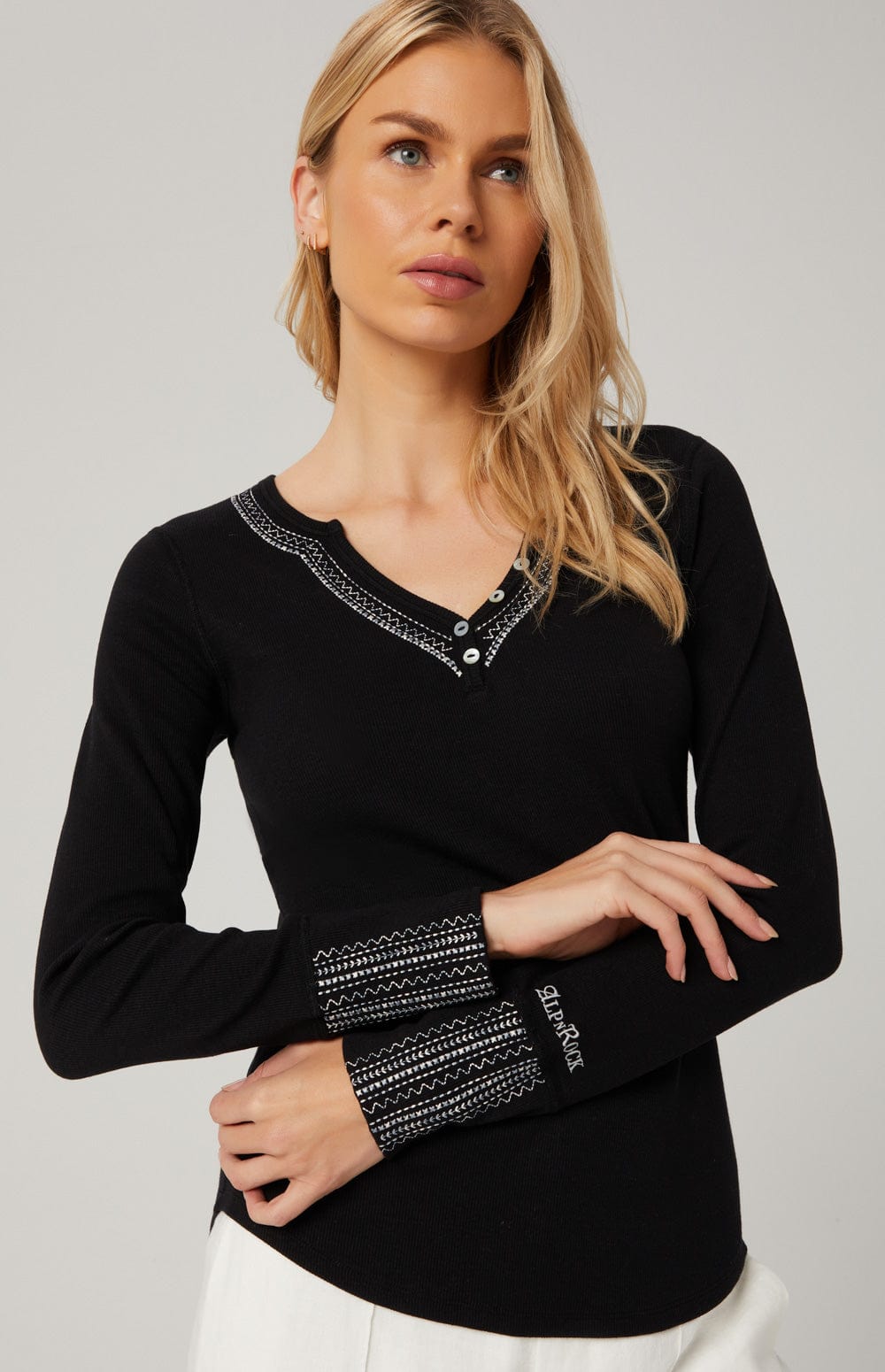 Alexa Henley Shirt by Alp N Rock, Women's Black Henley with Embroidery at the Neck and Sleeves