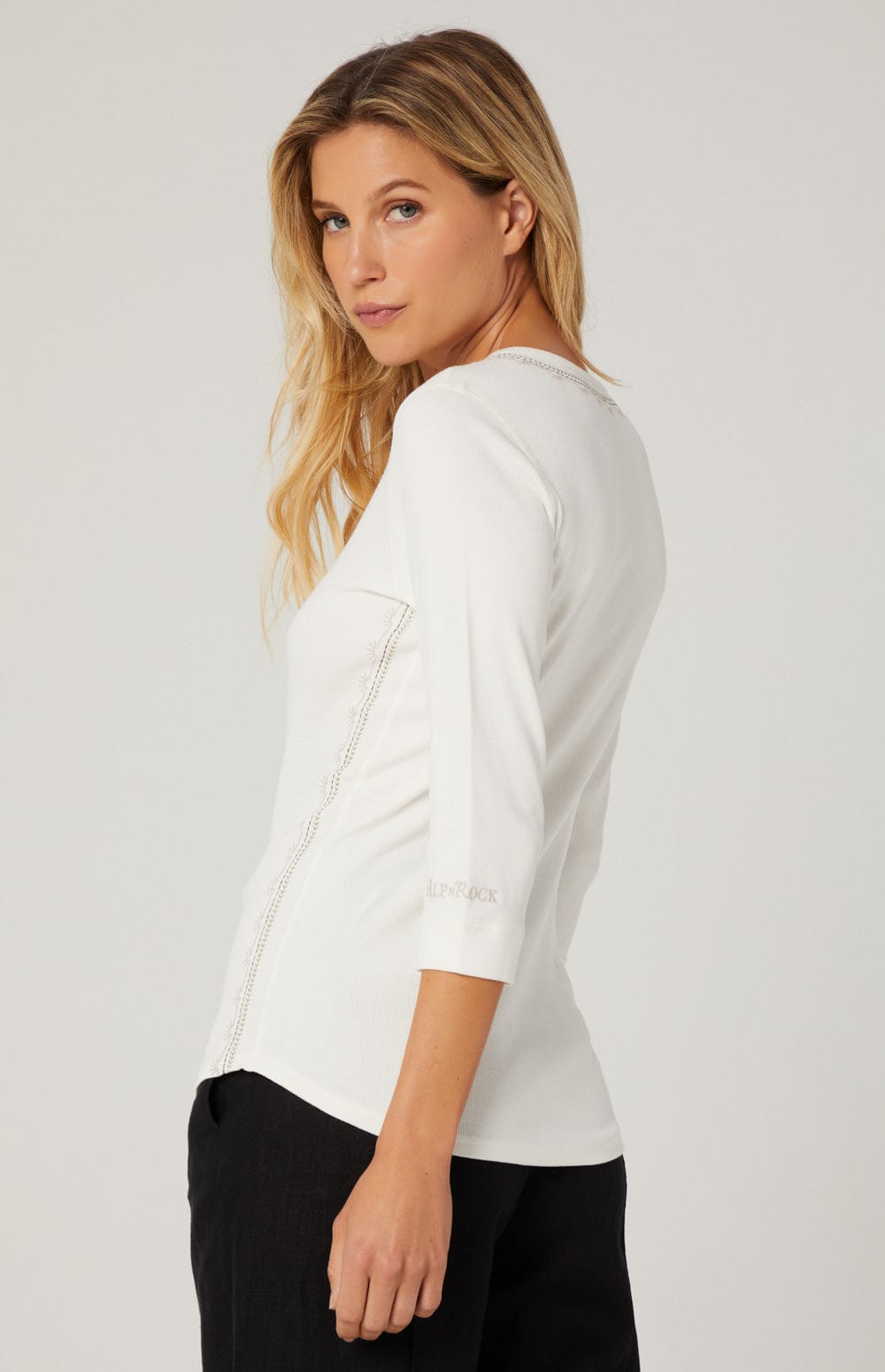 Calla Henley Shirt by Alp N Rock, Women's Off White Henley with 3/4 Sleeve and Embroidered Details
