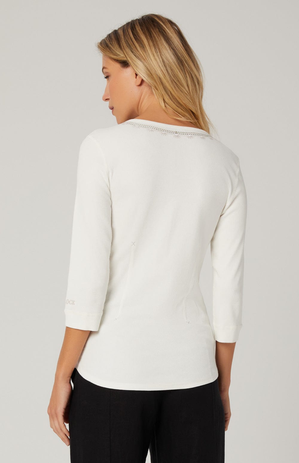 Calla Henley Shirt by Alp N Rock, Women's Off White Henley with 3/4 Sleeve and Embroidered Details