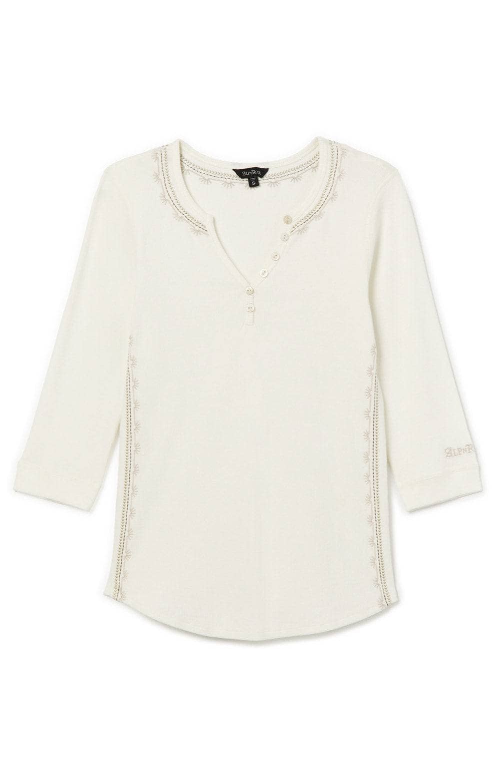 Calla Henley Shirt by Alp N Rock, Women's Off White Henley with 3/4 Sleeve and Embroidered Details