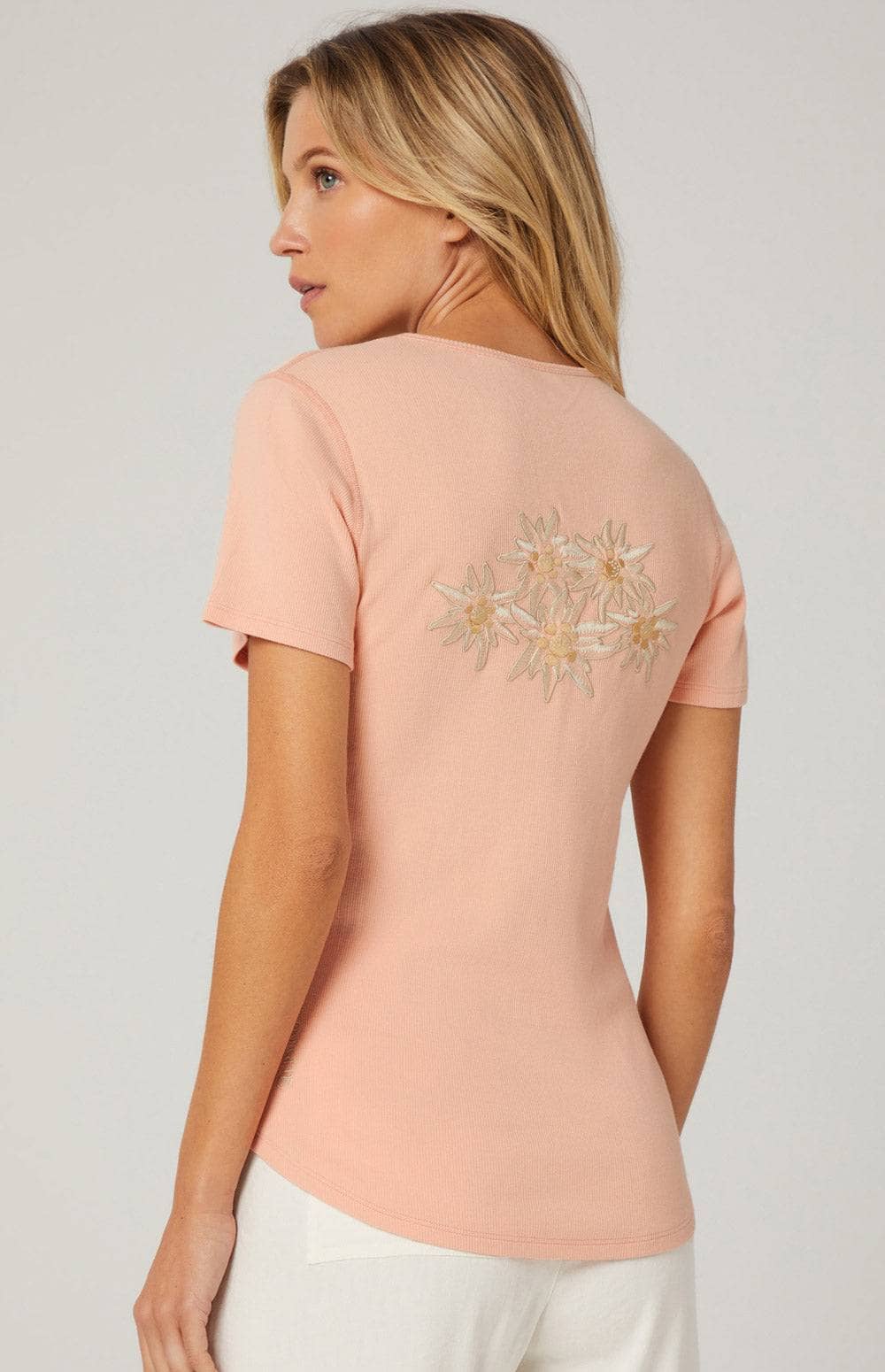 Colleen Henley Shirt by Alp N Rock, Women's Orange Short Sleeve Henley with Embroidered Details