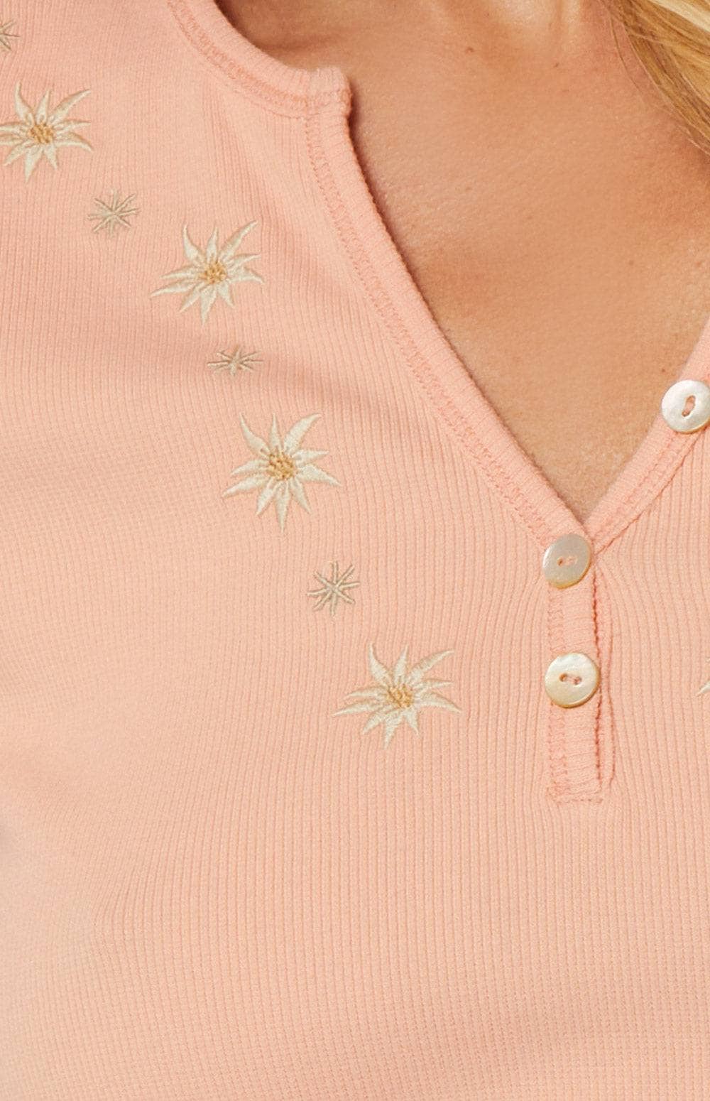 Colleen Henley Shirt by Alp N Rock, Women's Orange Short Sleeve Henley with Embroidered Details