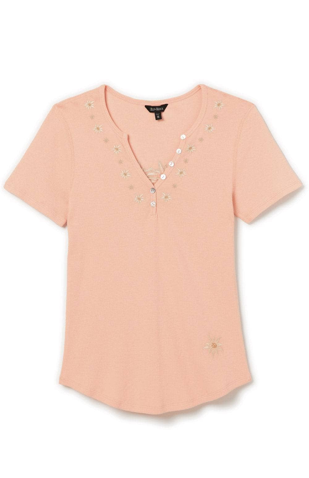 Colleen Henley Shirt by Alp N Rock, Women's Orange Short Sleeve Henley with Embroidered Details