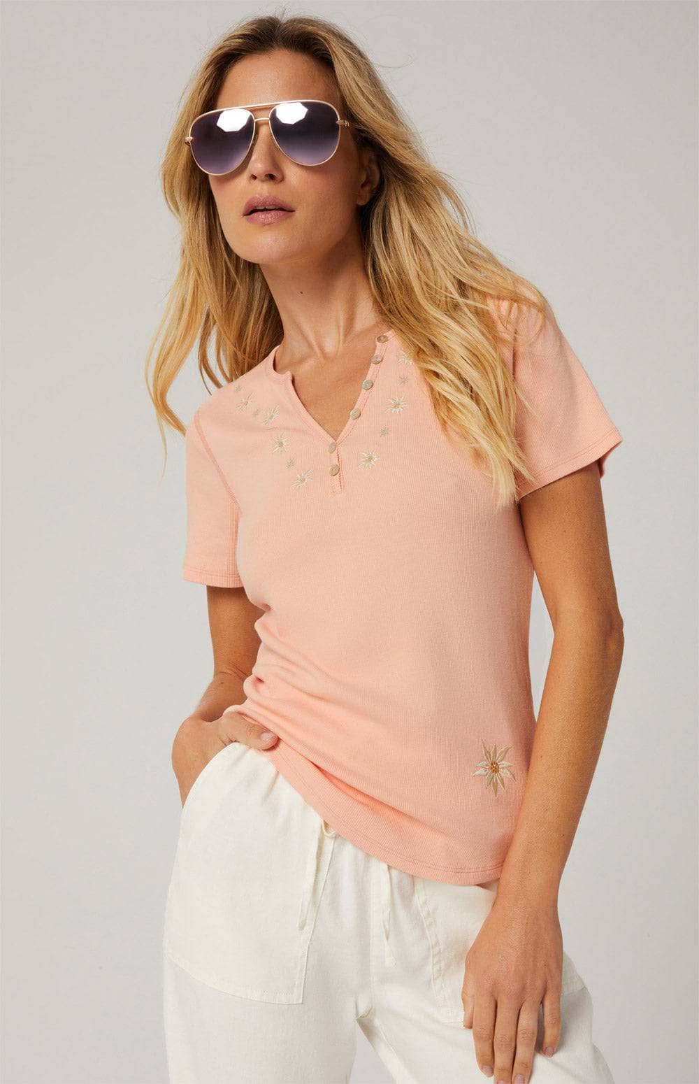 Colleen Henley Shirt by Alp N Rock, Women's Orange Short Sleeve Henley with Embroidered Details