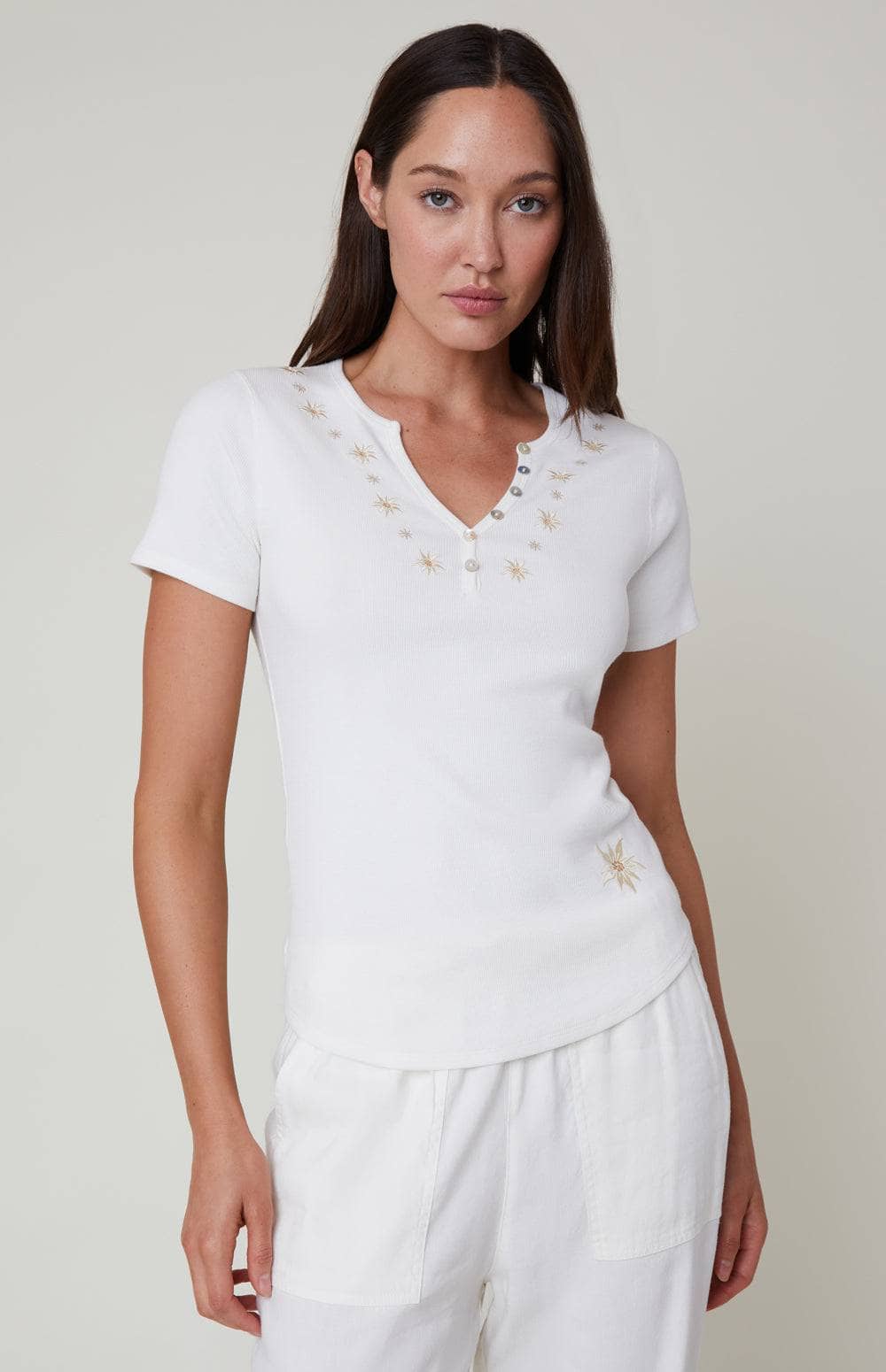 Colleen Henley Shirt by Alp N Rock, Women's White Short Sleeve Henley with Embroidered Details