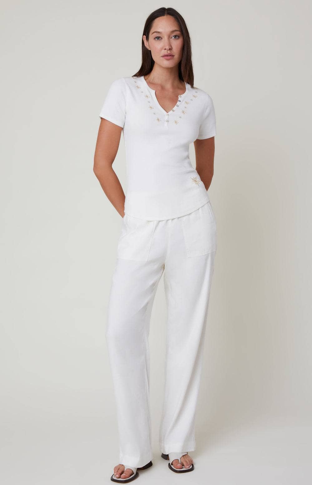Colleen Henley Shirt by Alp N Rock, Women's White Short Sleeve Henley with Embroidered Details