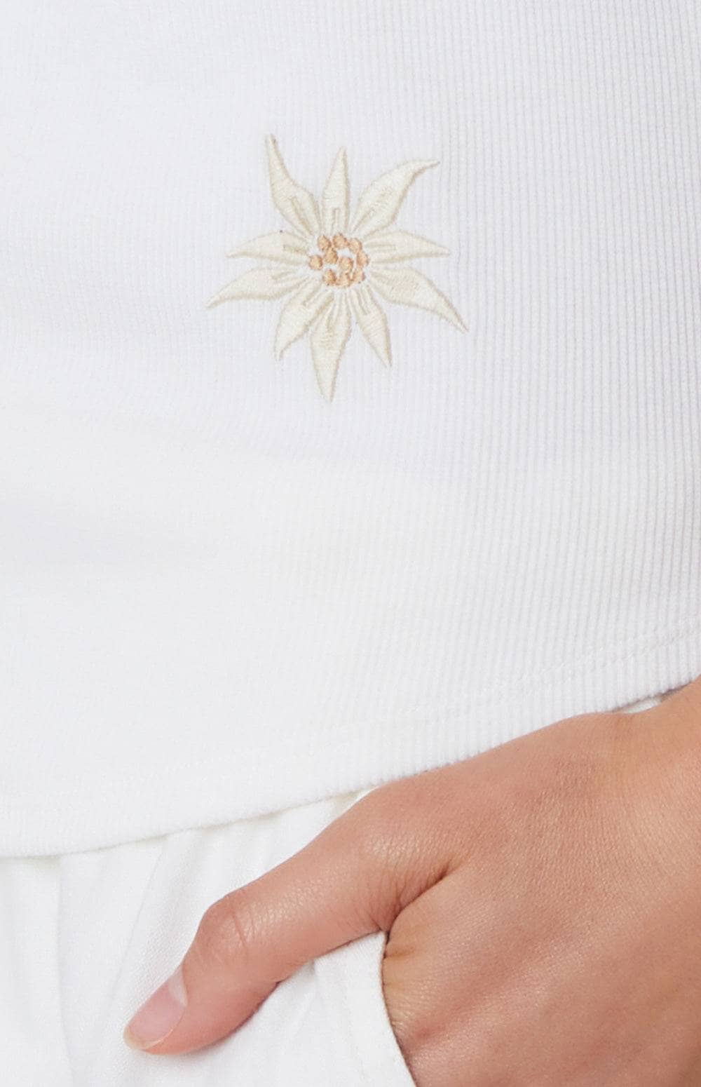 Colleen Henley Shirt by Alp N Rock, Women's Off White Short Sleeve Henley Shirt with Embroidered Flowers