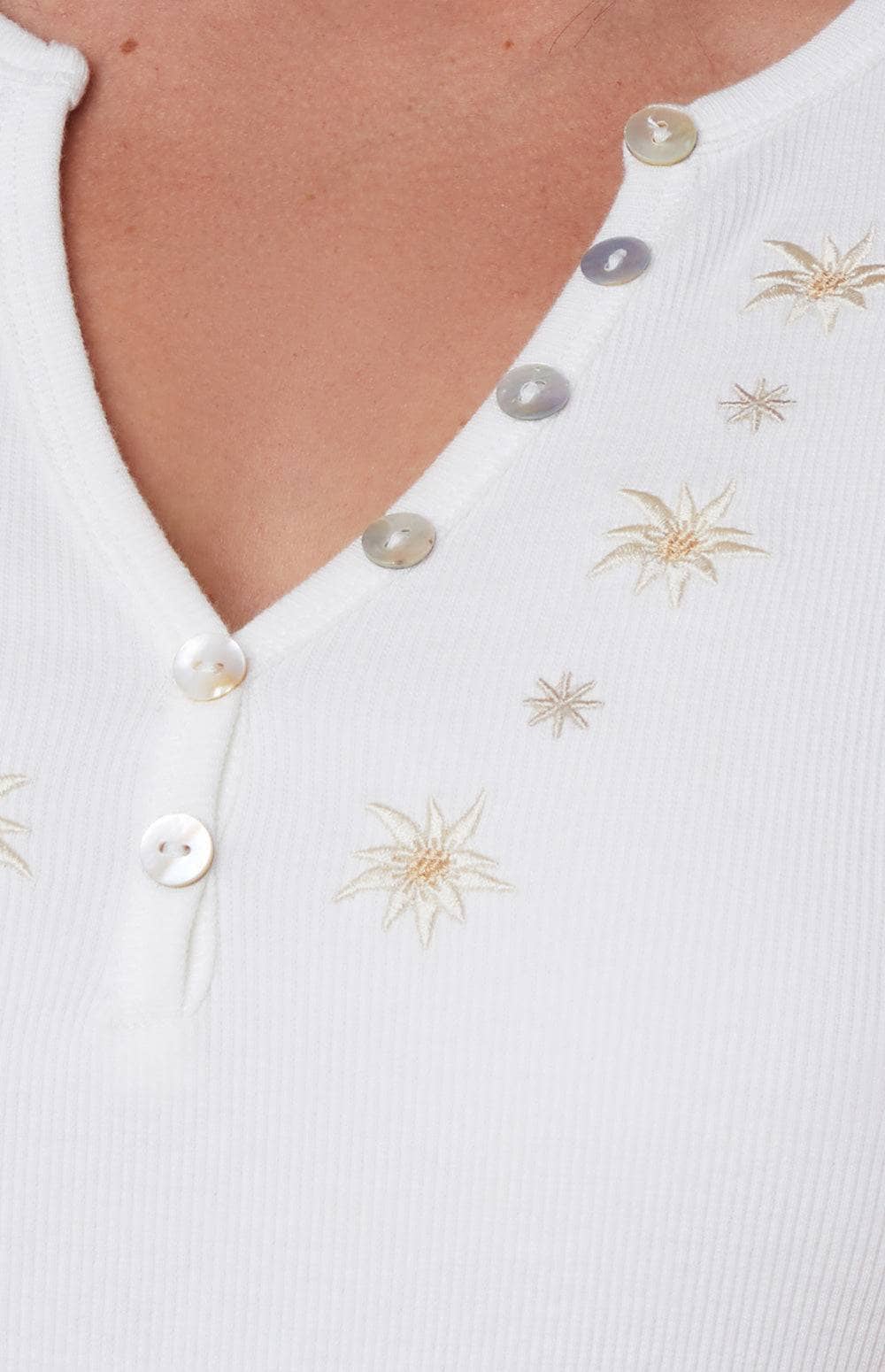 Colleen Henley Shirt by Alp N Rock, Women's Off White Short Sleeve Henley Shirt with Embroidered Flowers