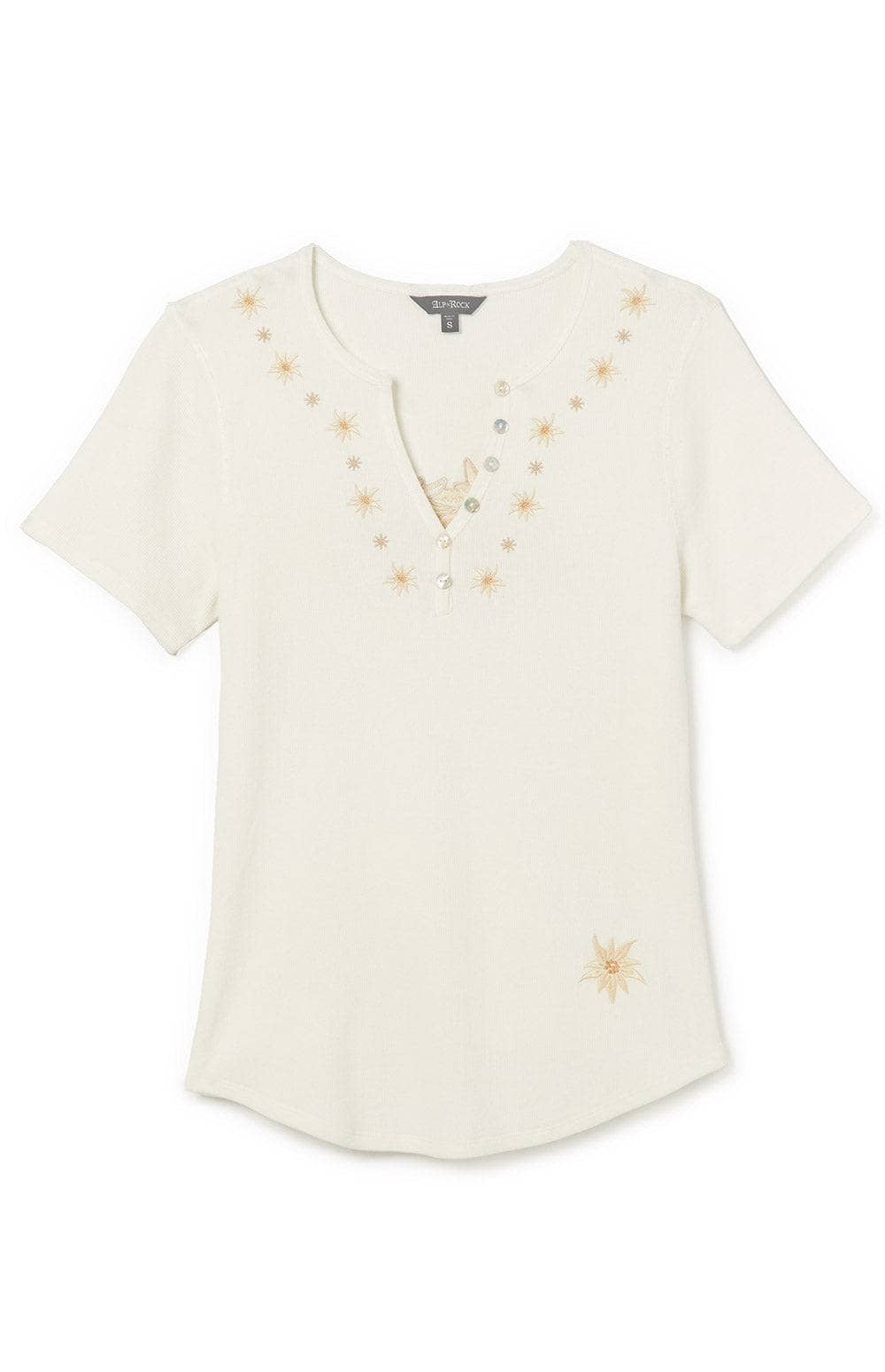 Colleen Henley Shirt by Alp N Rock, Women's Off White Short Sleeve Henley Shirt with Embroidered Flowers