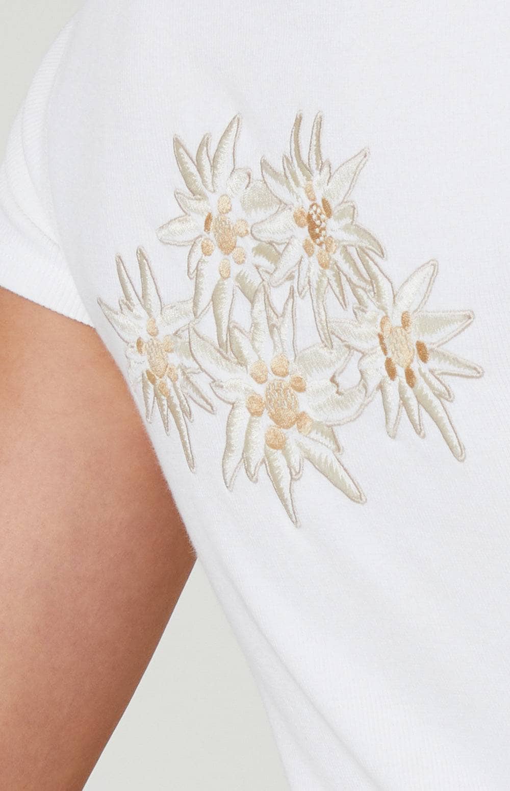 Colleen Henley Shirt by Alp N Rock, Women's Off White Short Sleeve Henley Shirt with Embroidered Flowers