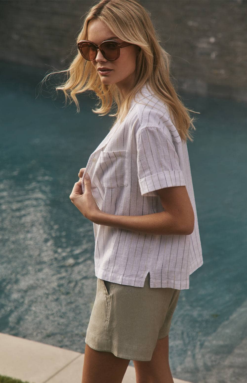 Jovie Shirt by Alp N Rock, Womens White Stripe Short Sleeve Linen Shirt