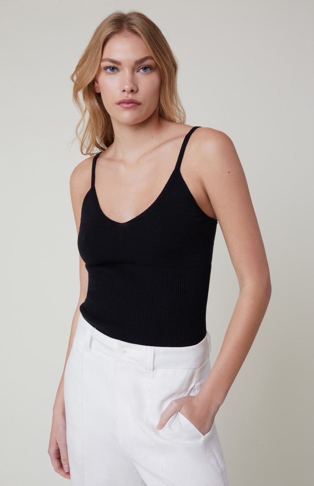 Ketti Rib Tank by Alp N Rock, Women's Black Rib Knit Tank with V Neck and Thin Straps