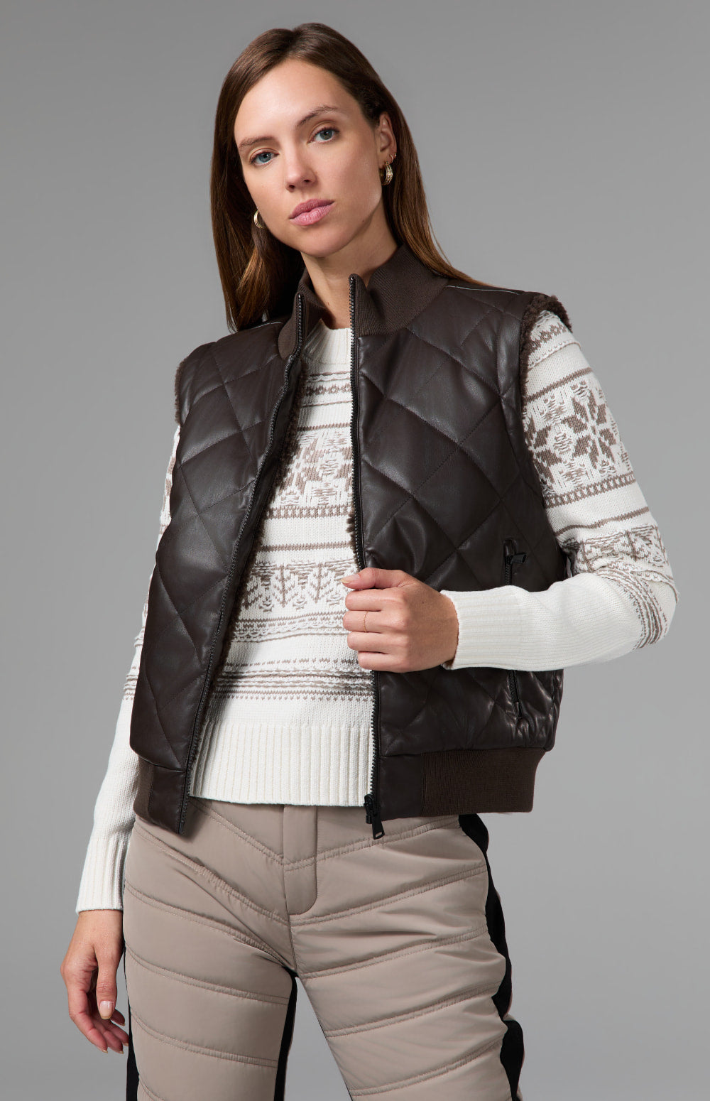 Alp N Rock Atlas Faux Leather Quilted Reversible Vest, dark brown quilted and faux leather revserible vest