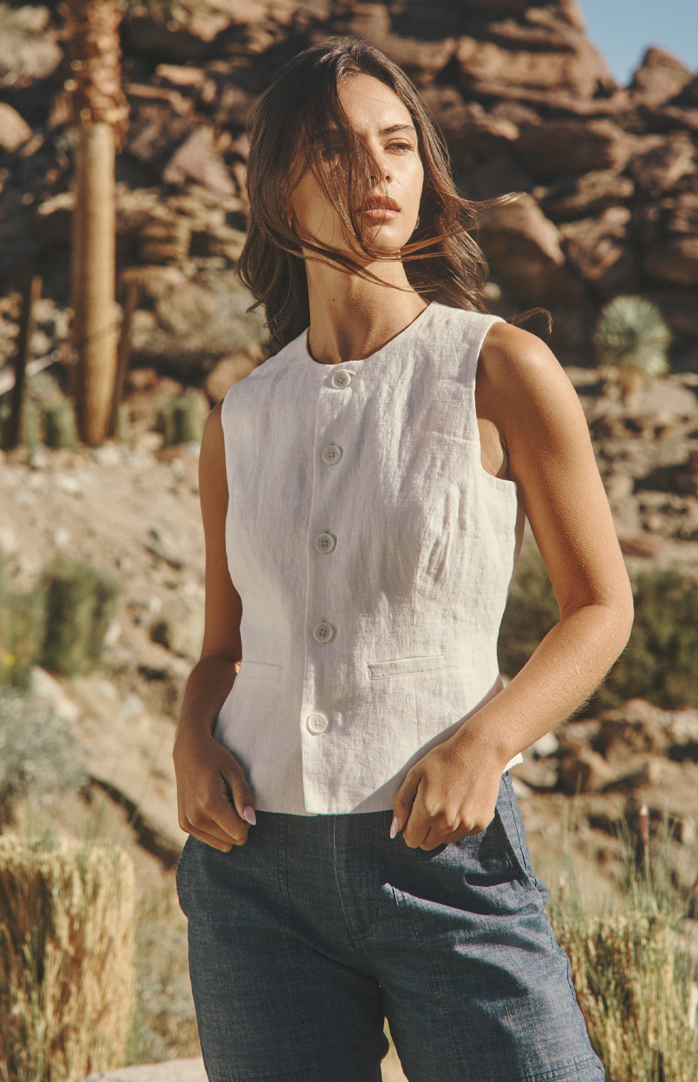 Alp N Rock Edith Linen Vest, ivory button front linen vest for women