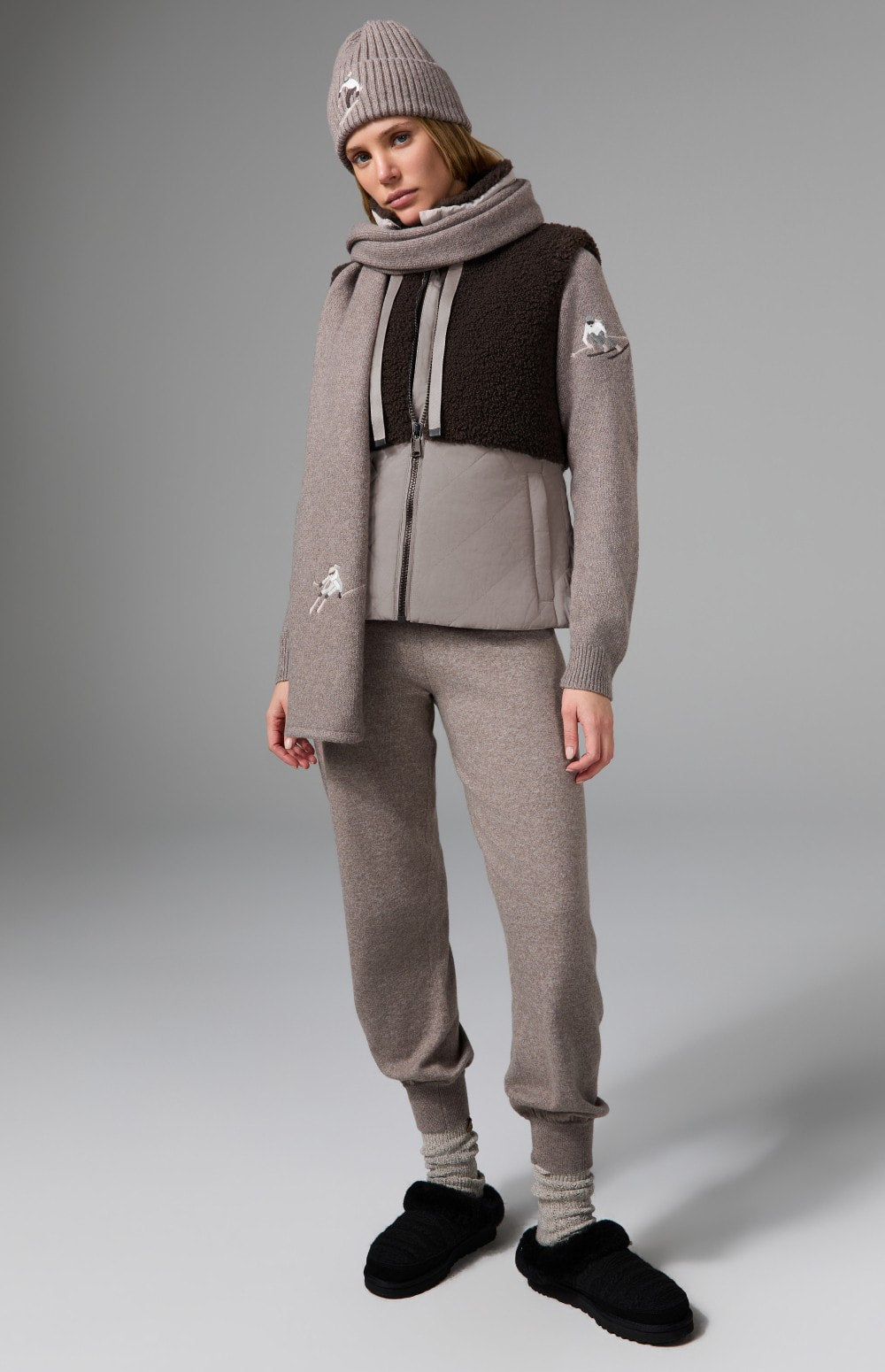 Alp N Rock Sage Vest, dark brown and taupe zip vest for women with shearling top and quilted bottom