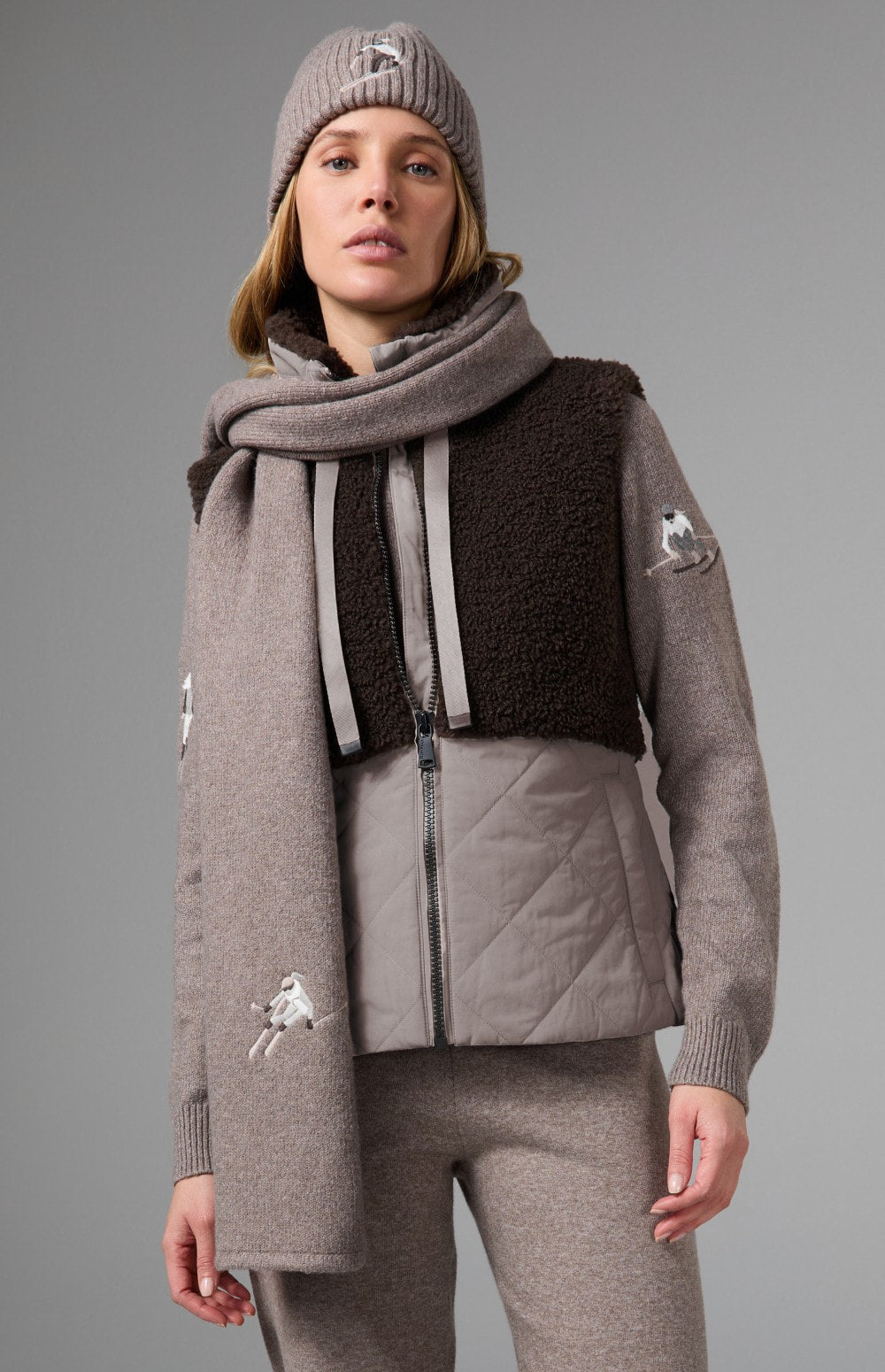 Alp N Rock Sage Vest, dark brown and taupe zip vest for women with shearling top and quilted bottom