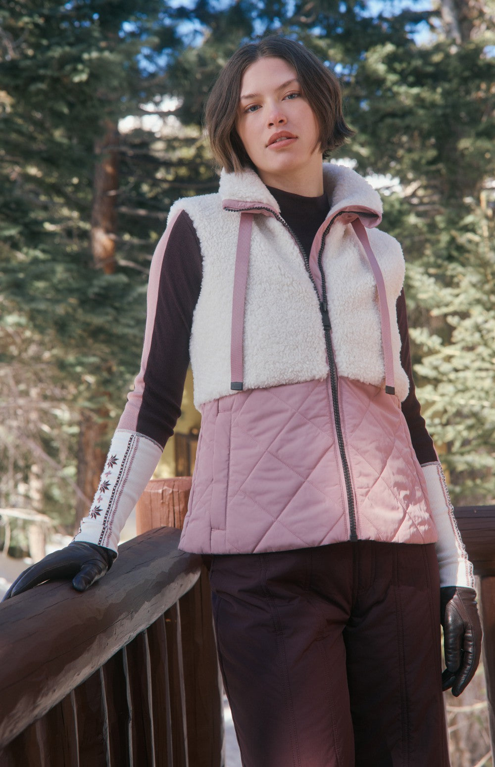 Alp N Rock Sage Vest, white and light pink zip vest for women with shearling top and quilted bottom