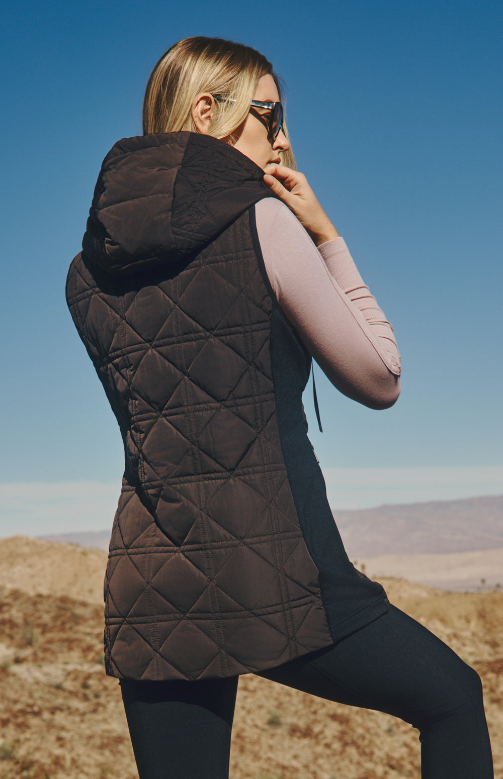 Alp N Rock Sinclair Vest, dark brown hooded quilted long vest for women