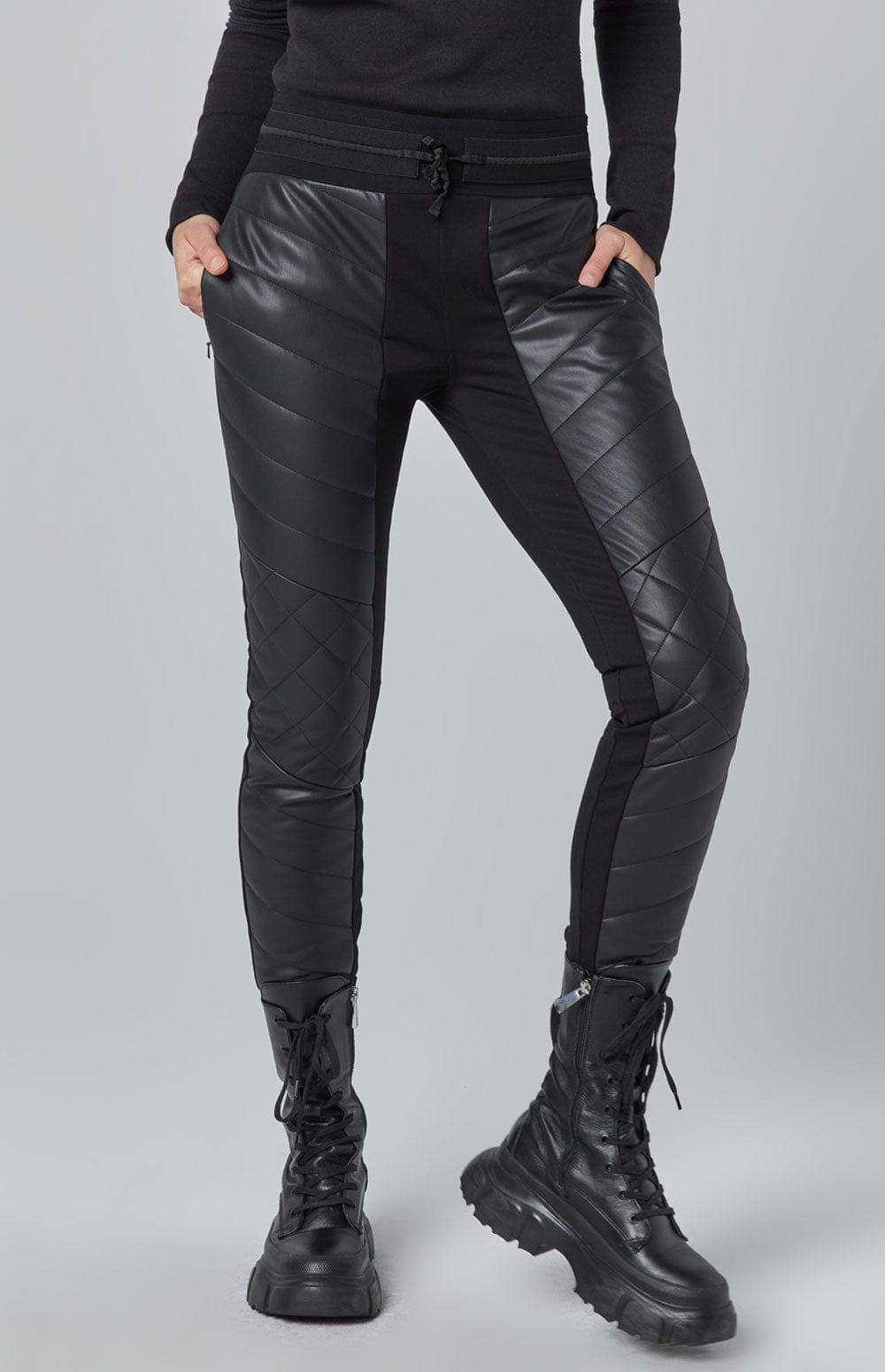 Vallon Jogger Pant by Alp N Rock, Women's Black Faux Leather Pant With Quilting and Drawstring Waist