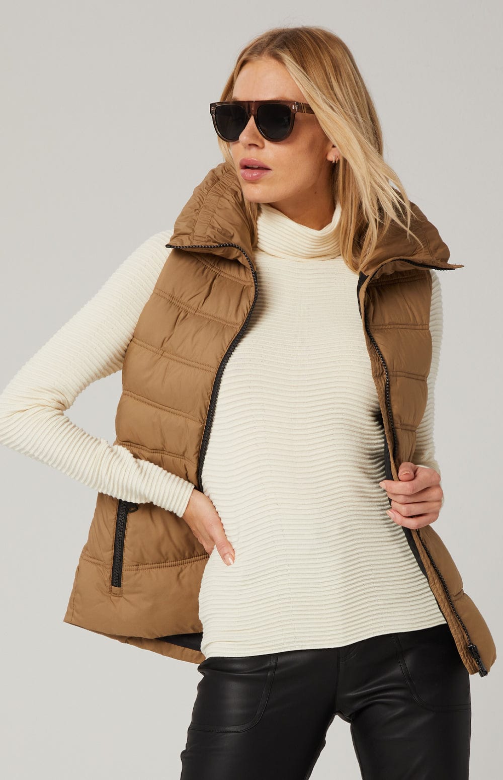 Arosa Puffer Vest by Alp N Rock, Women's Dark Khaki Puffer Vest With Stand Collar and Zip Pockets