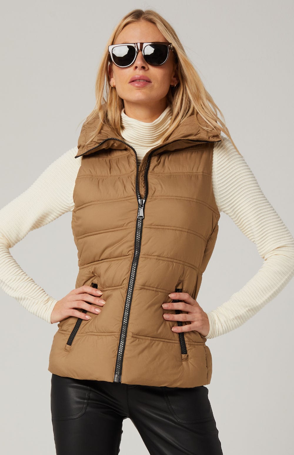 Arosa Puffer Vest by Alp N Rock, Women's Dark Khaki Puffer Vest With Stand Collar and Zip Pockets