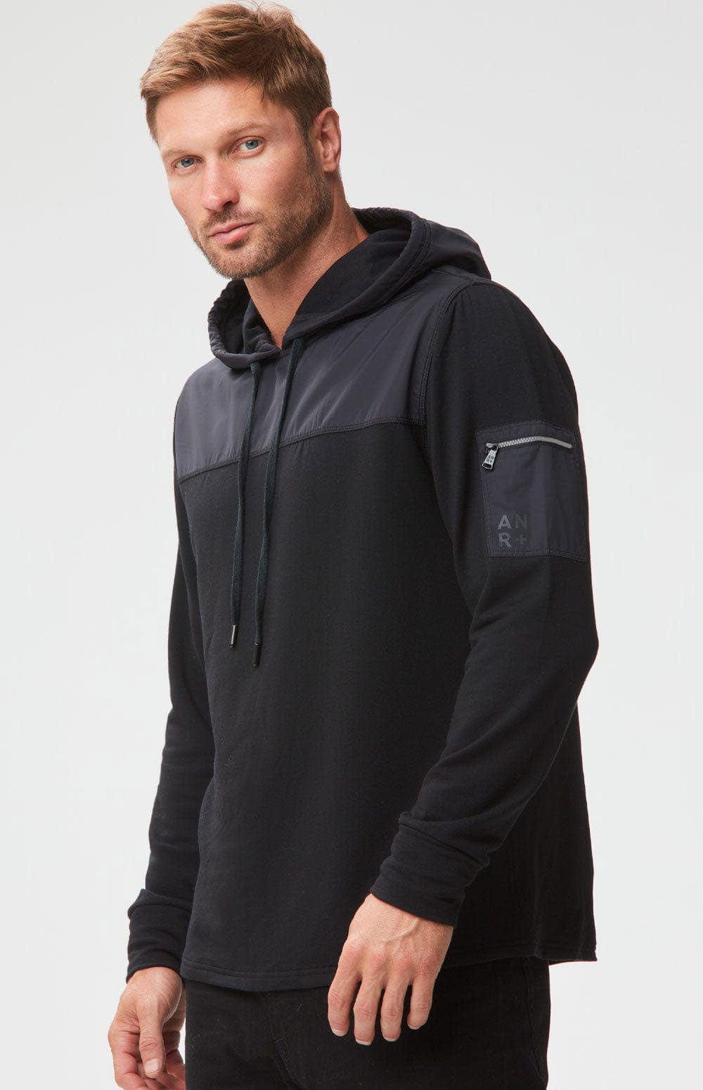 Rowan Hoodie by Alp N Rock, Men's Black Hooded Sweatshirt with Fabric Chest Accent and Arm Patch Pocket