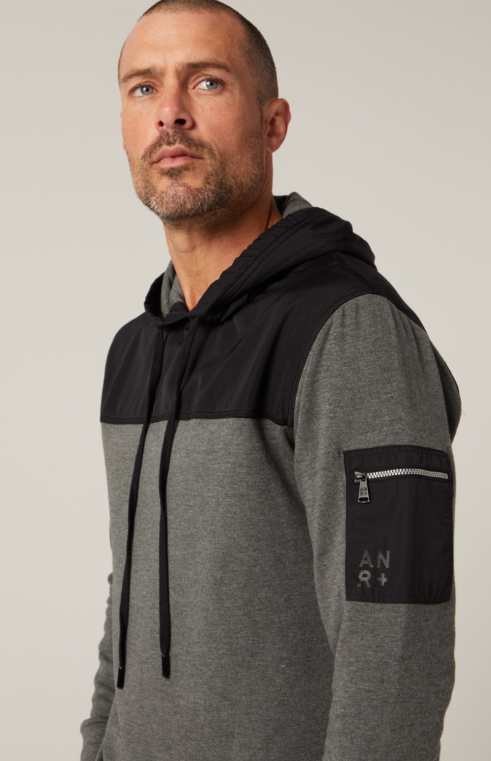 Rowan Hoodie by Alp N Rock, Men's Heather Grey Hoodie with Black Chest Panel and Arm Pocket