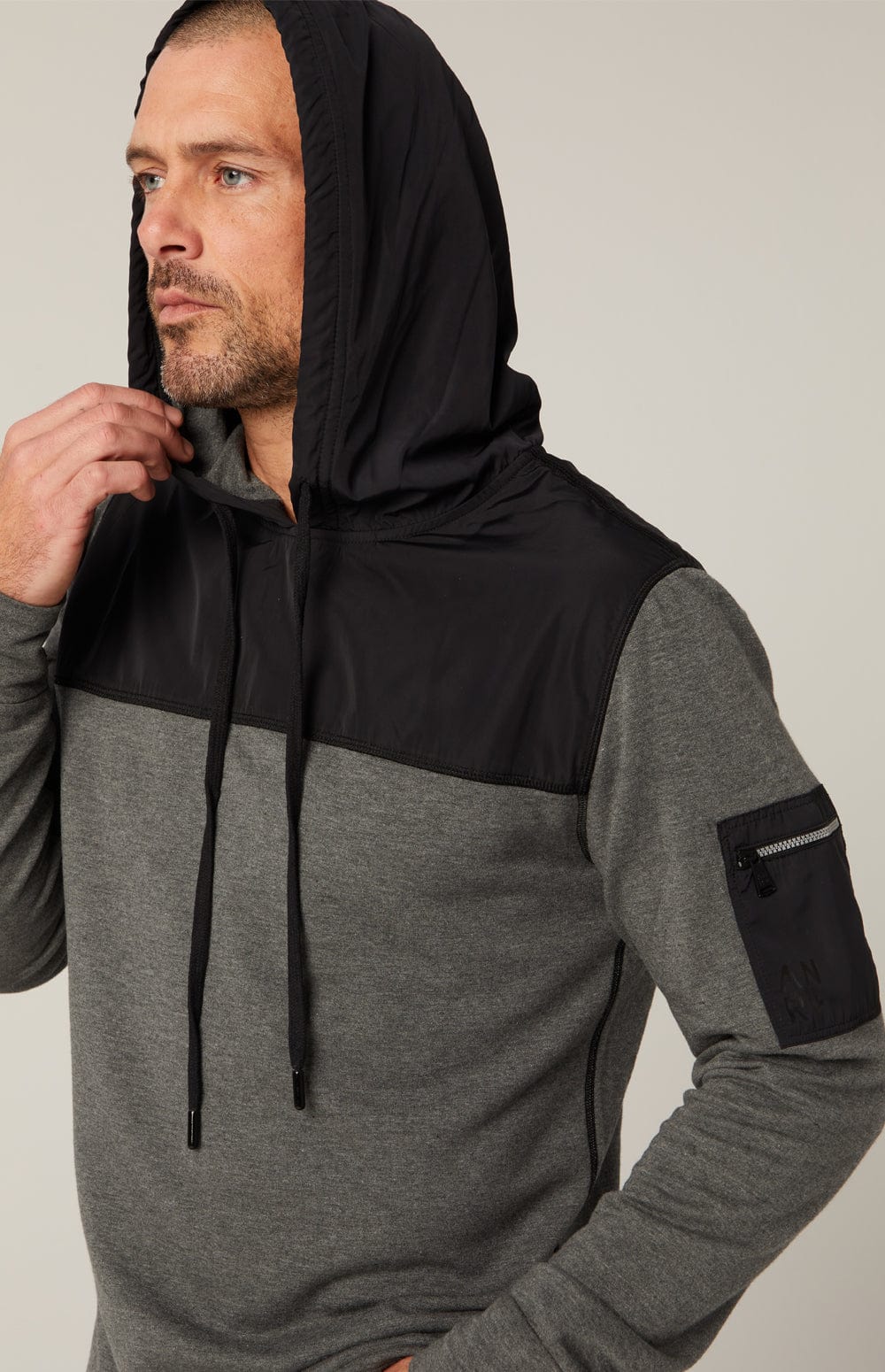 Rowan Hoodie by Alp N Rock, Men's Heather Grey Hoodie with Black Chest Panel and Arm Pocket