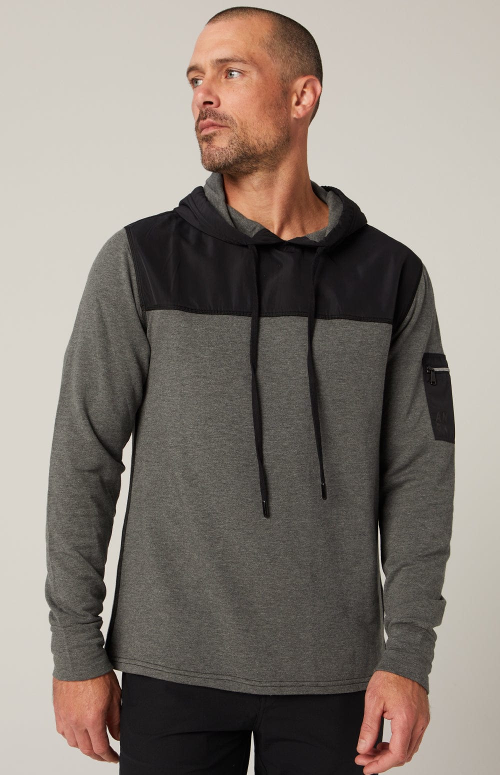 Rowan Hoodie by Alp N Rock, Men's Heather Grey Hoodie with Black Chest Panel and Arm Pocket