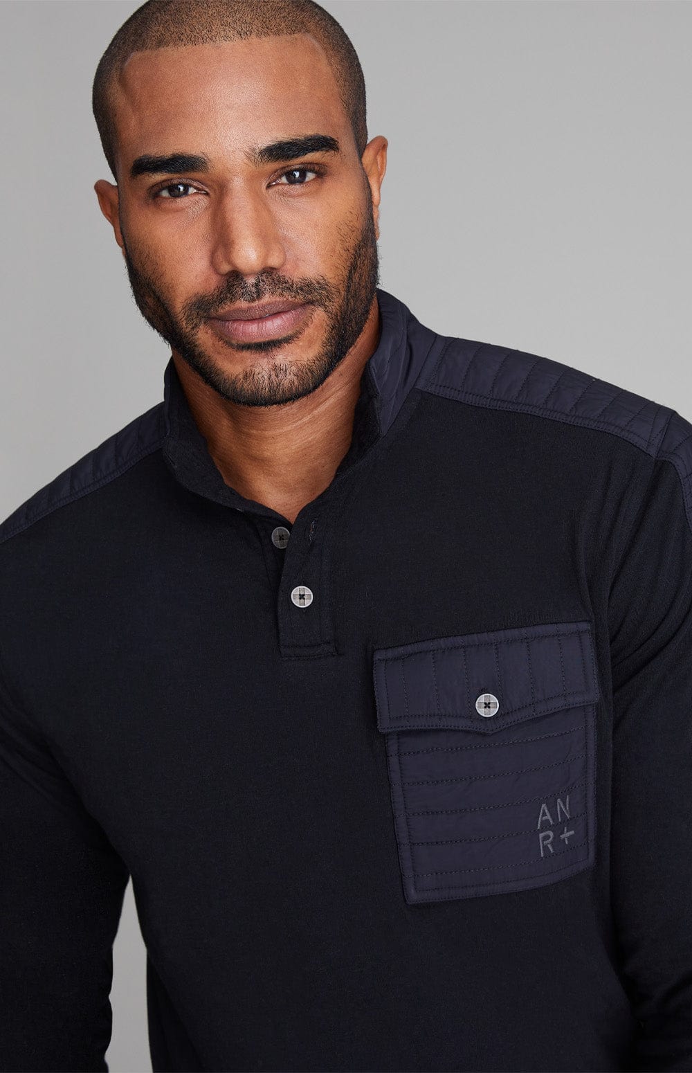 Mattias Men's Crew by Alp N Rock, Men's Black Shirt with Black Quilting on Shoulders and Black Chest Pocket