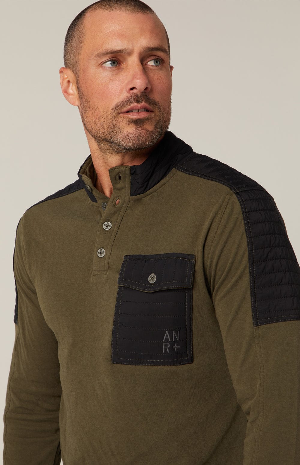 Mattias Men's Crew by Alp N Rock, Men's Olive Green Shirt with Black Quilting on Shoulders and Black Chest Pocket