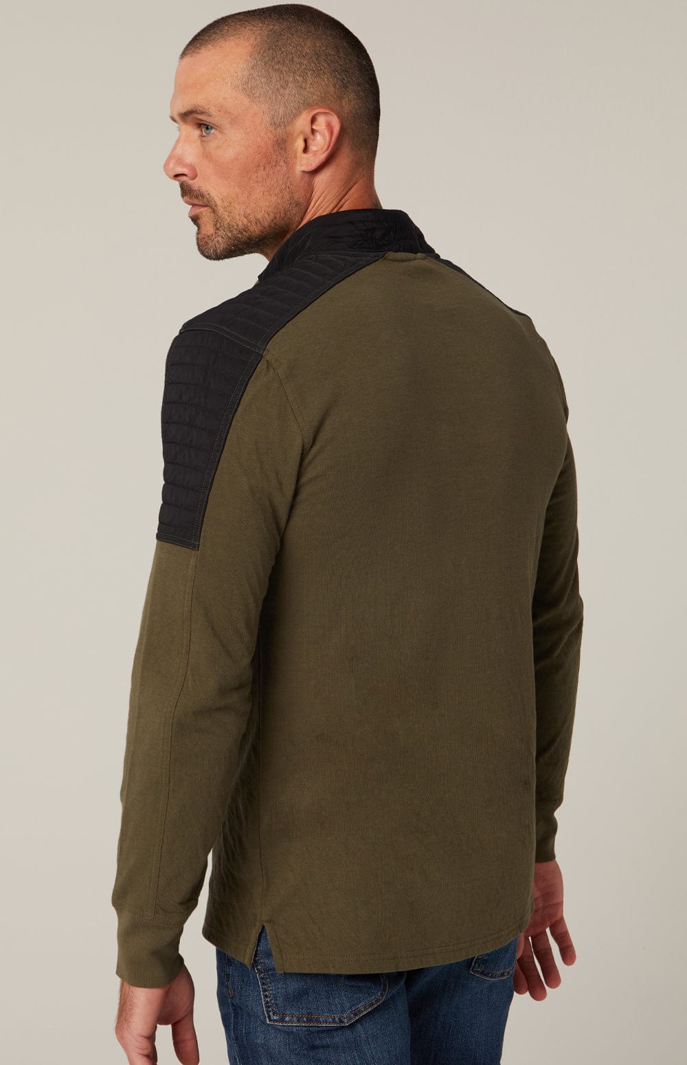 Mattias Men's Crew by Alp N Rock, Men's Olive Green Shirt with Black Quilting on Shoulders and Black Chest Pocket