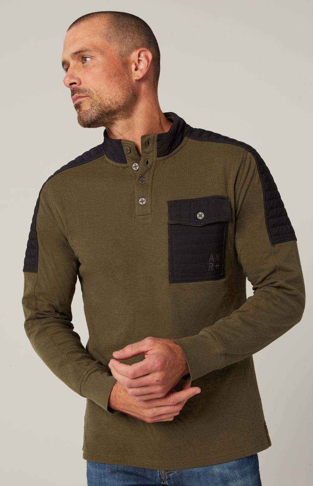 Mattias Men's Crew by Alp N Rock, Men's Olive Green Shirt with Black Quilting on Shoulders and Black Chest Pocket