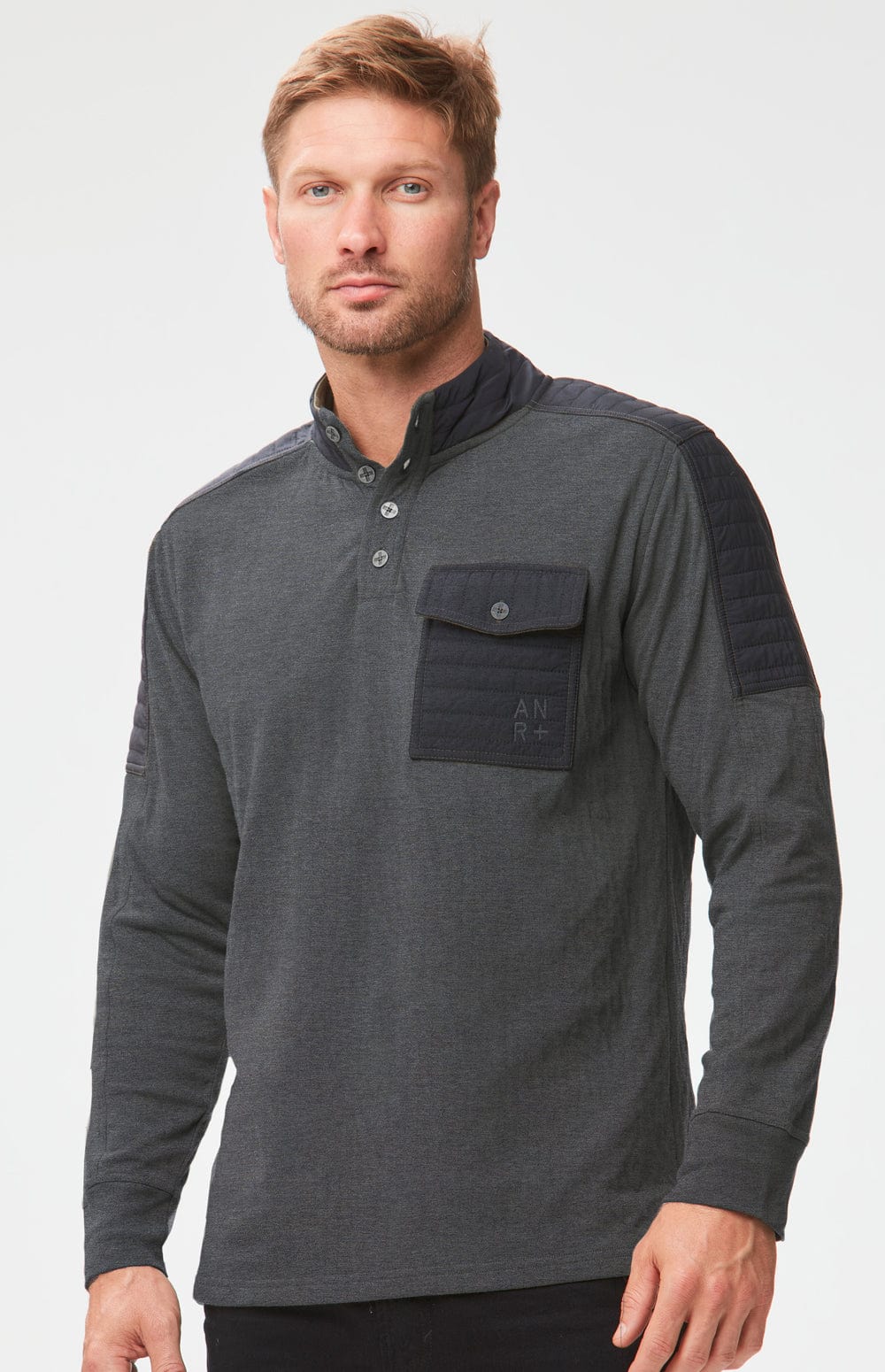 Mattias Men's Crew by Alp N Rock, Men's Grey Shirt with Grey Quilting on Shoulders and Black Chest Pocket